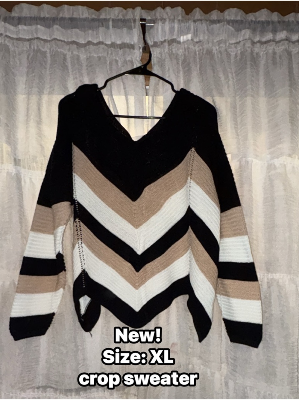 New! Women’s Striped V-Neck Crop Sweater in Black, White & Tan